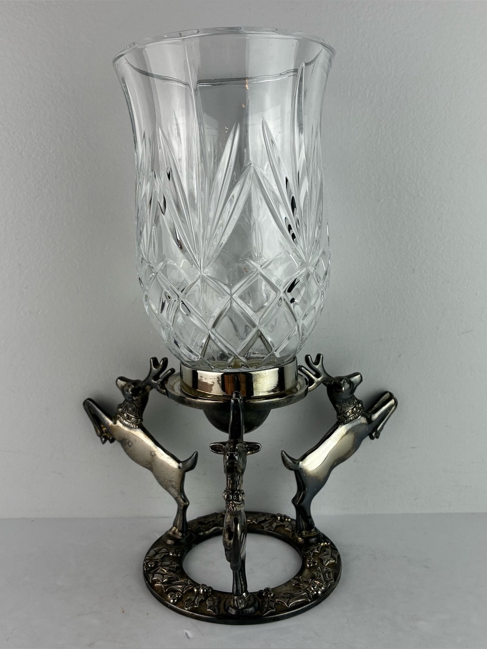 Godinger Vintage 1980’s Silver Plated Reindeer Hurricane Candleholder